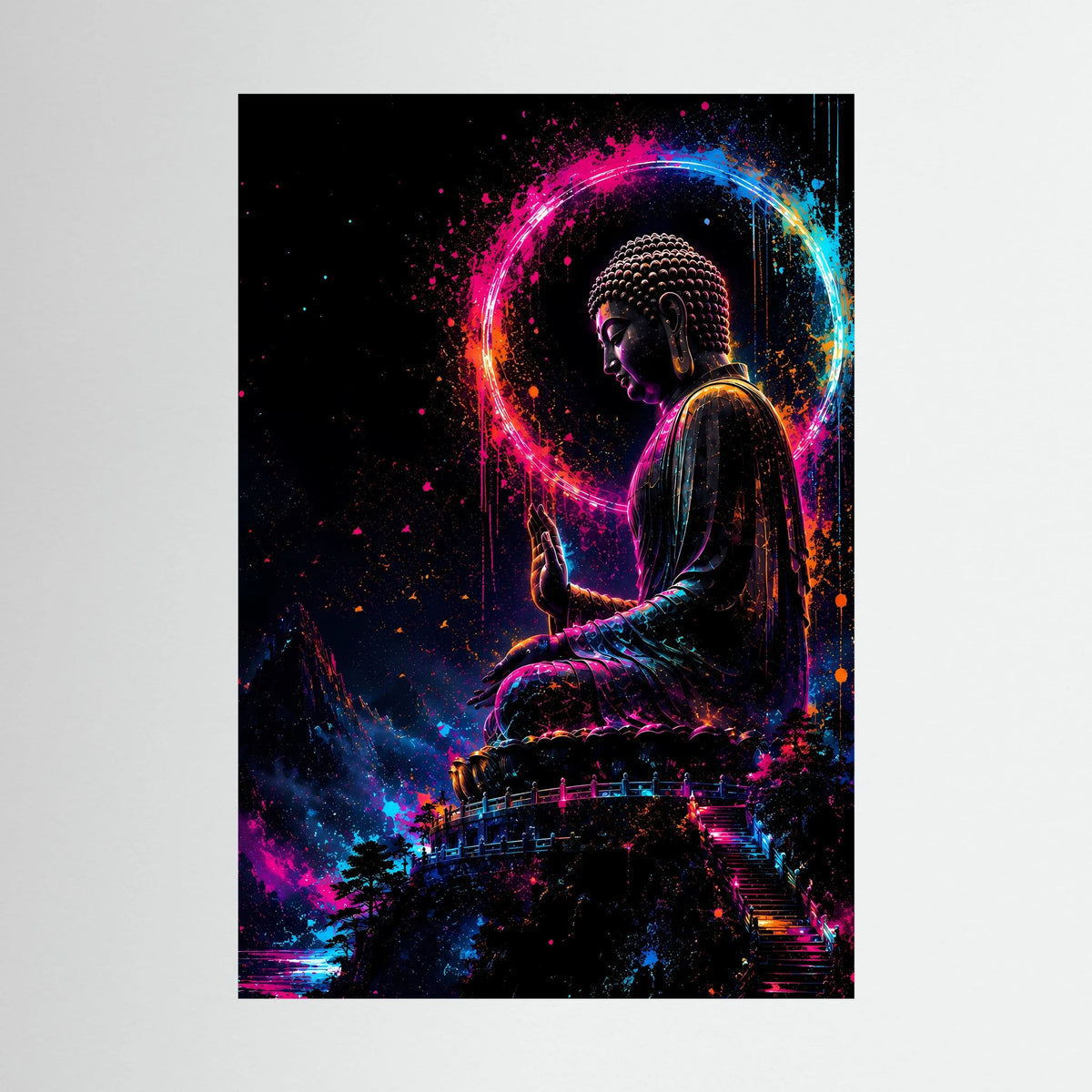 Kunstposter mit sitzendem Buddha und Neonkreis in Pink, Blau und Orange