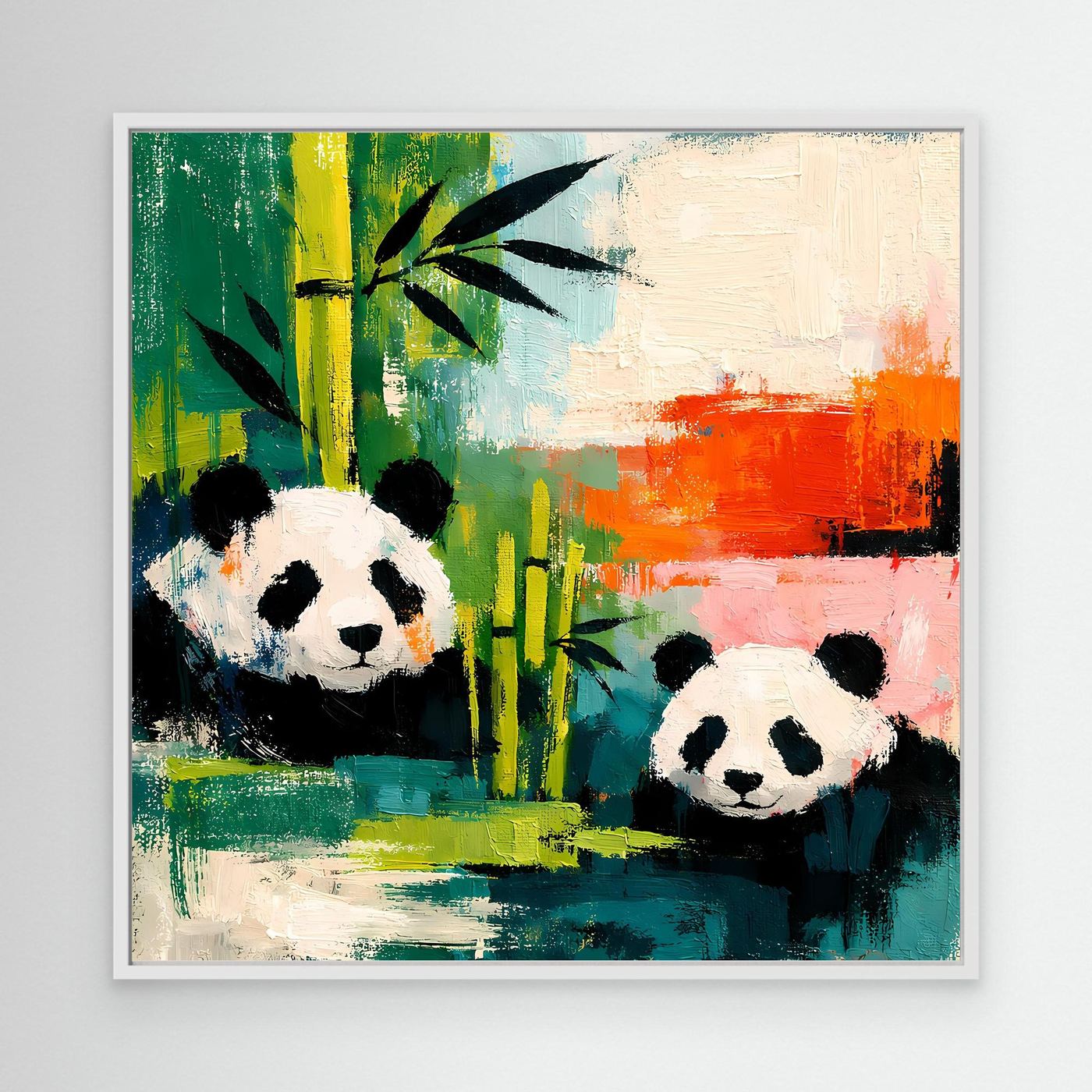 White-framed canvas wall art featuring two pandas in an abstract bamboo garden.