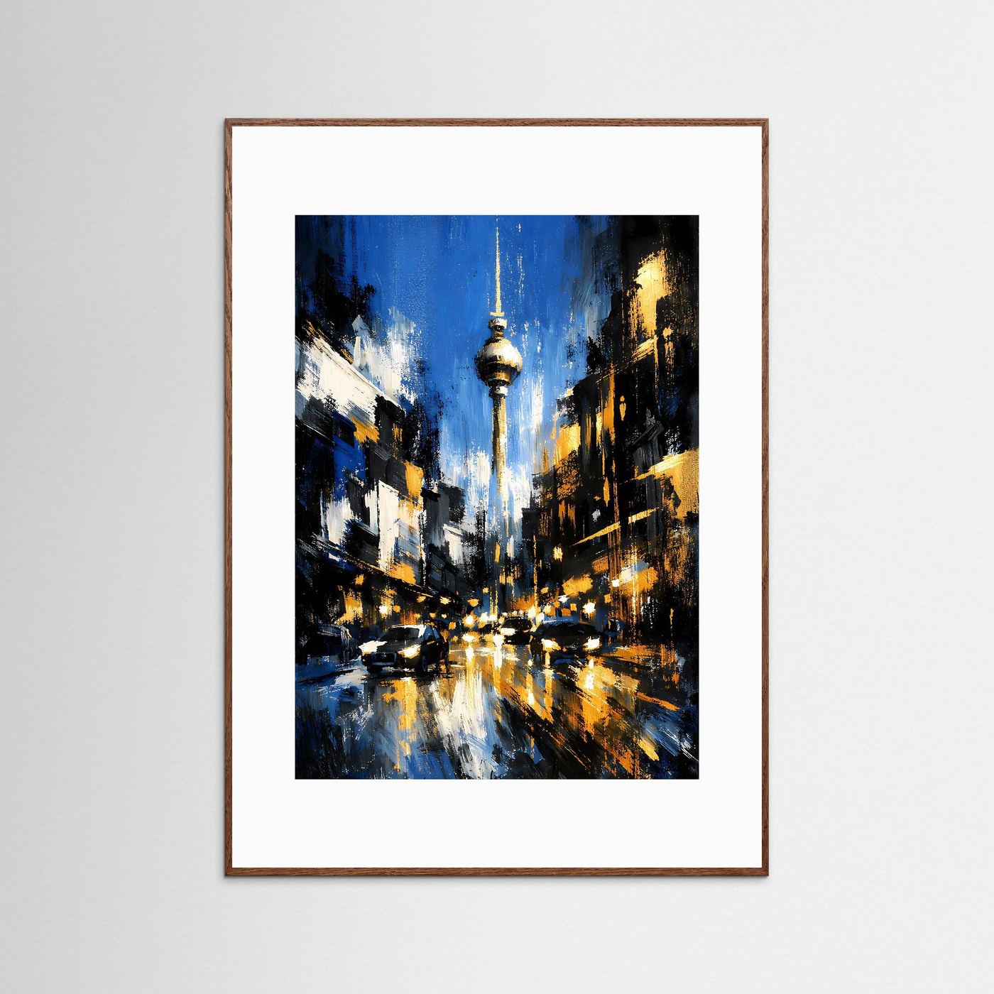 Hochformatiges Poster mit abstrakter Stadtansicht und Fernsehturm, braune Holzrahmung