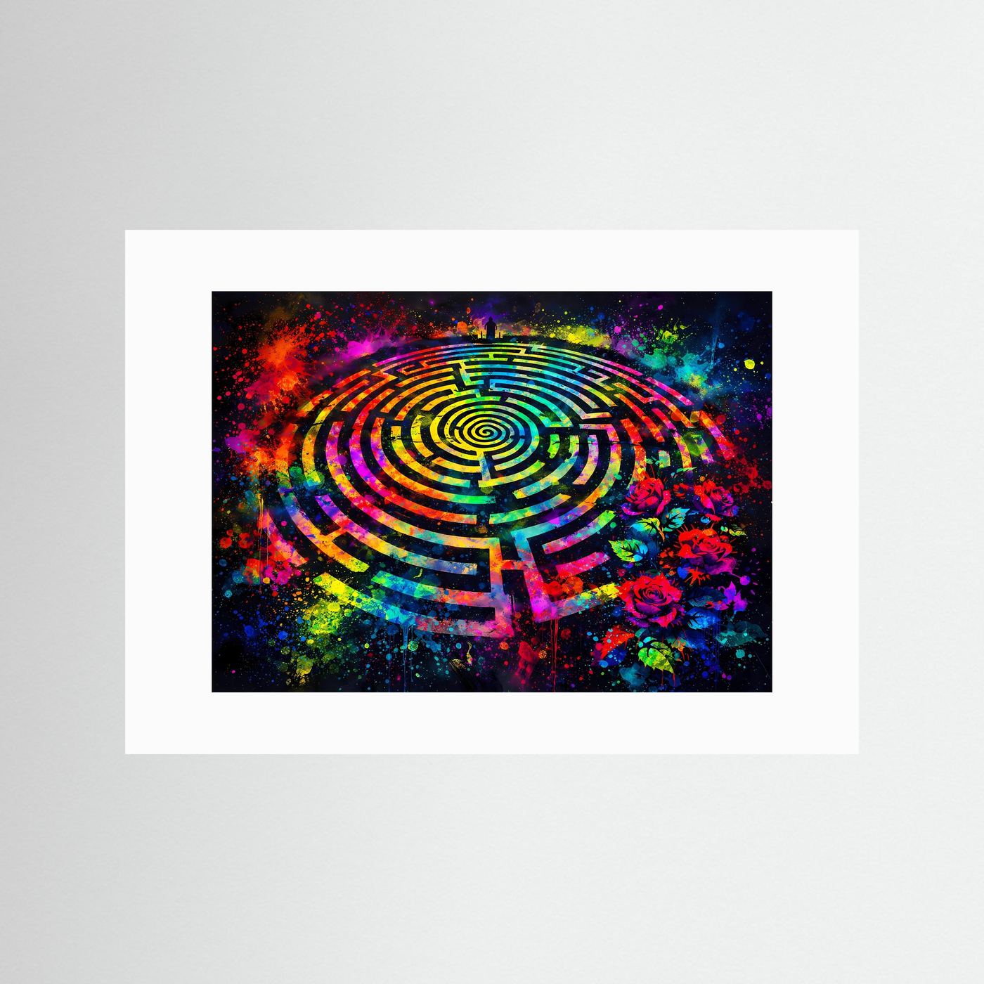 Abstraktes Kunstposter Querformat mit farbigem Labyrinth und Rosen, weißes Passepartout