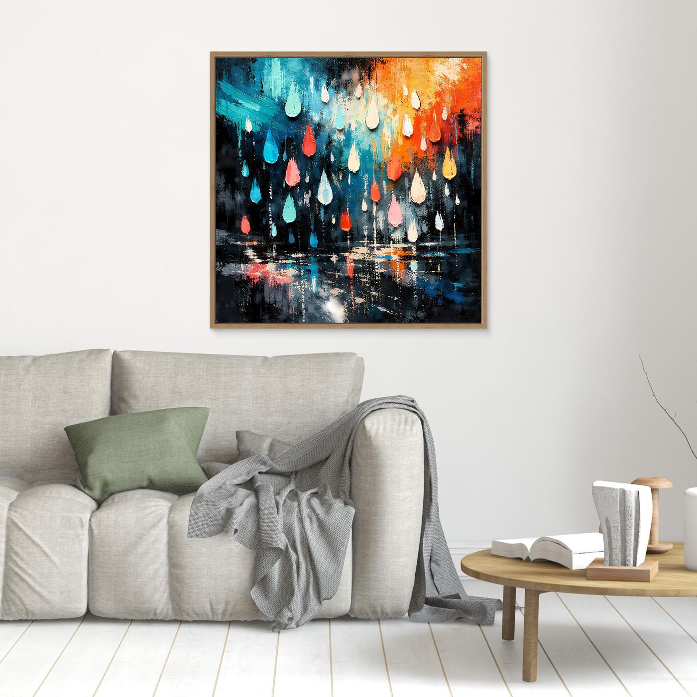 Abstraktes Wandbild mit bunten Regentropfen, braun gerahmt über Sofa