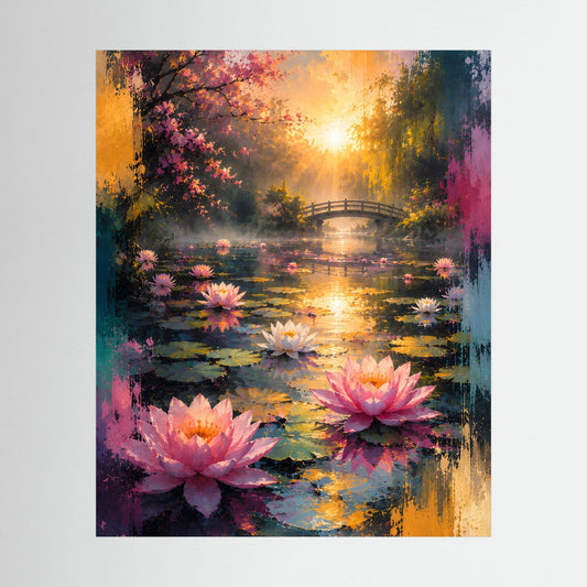 Poster-Druck im Hochformat: Lotusteich mit Brücke, Seerosen und Sonnenlicht