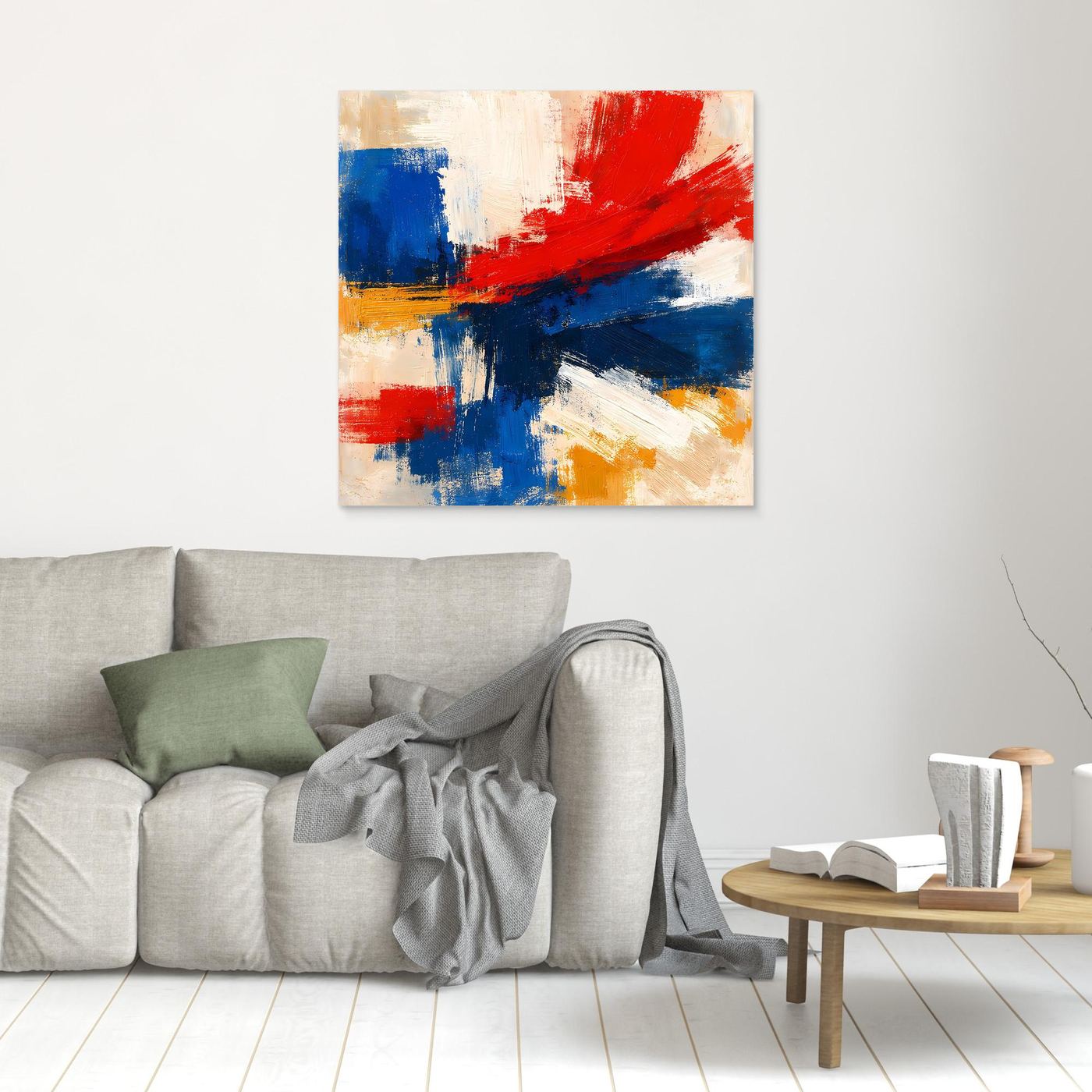 Abstract canvas wall art with red, blue, and yellow brushstrokes, no frame visible
