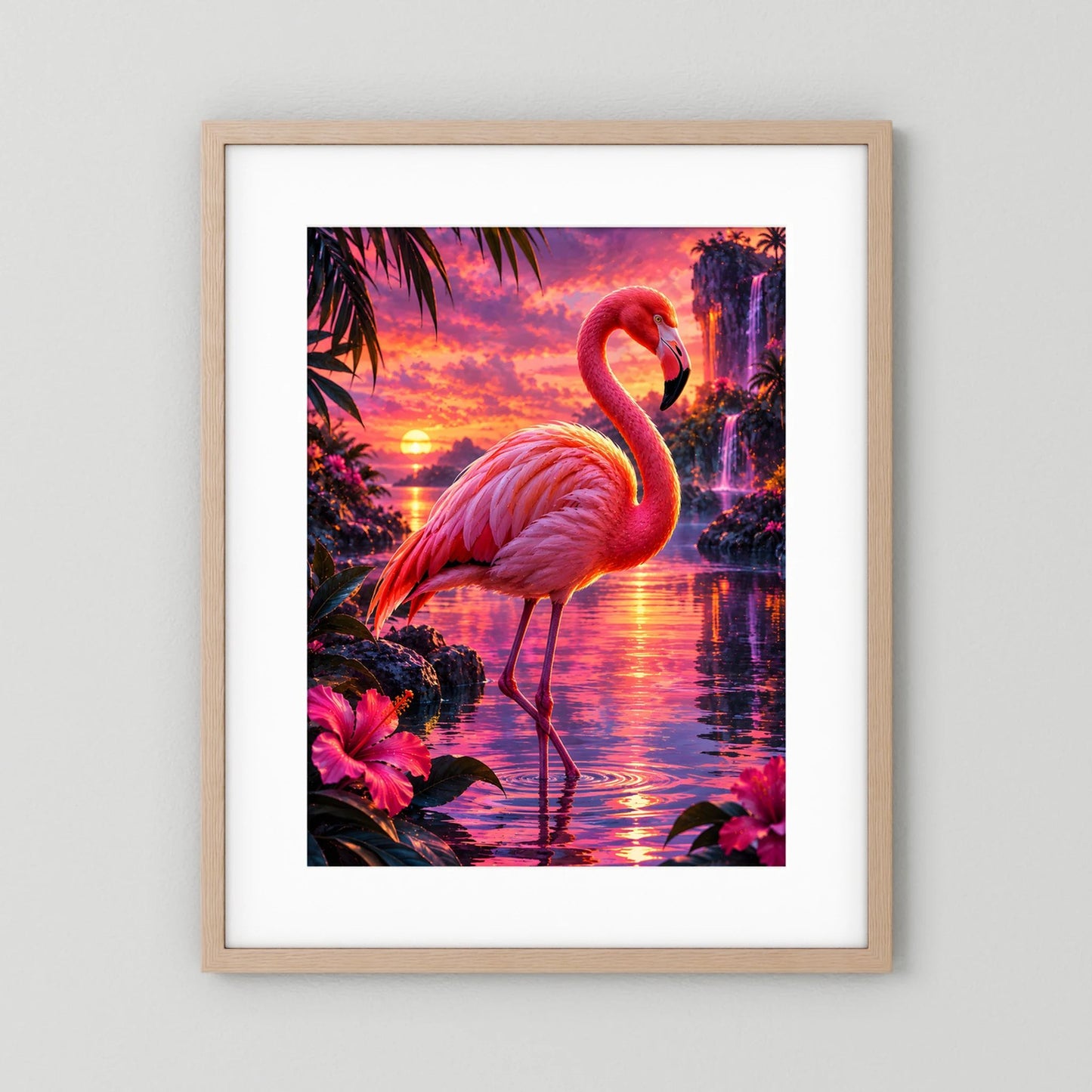 Flamingo-Tierposter im Hochformat mit beigem Holzrahmen und weißem Passepartout