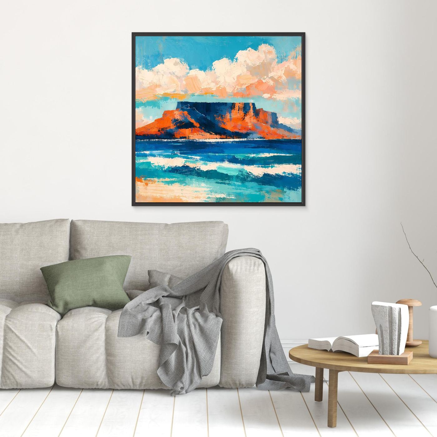 Kleines abstraktes Leinwand-Wandbild mit Meer, Küste und Bergen, schwarz gerahmt