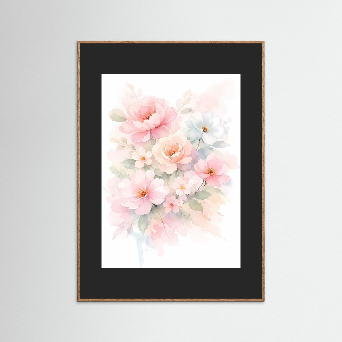 Gerahmtes Blumenposter im Aquarellstil mit rosa Blüten und schwarzem Passepartout