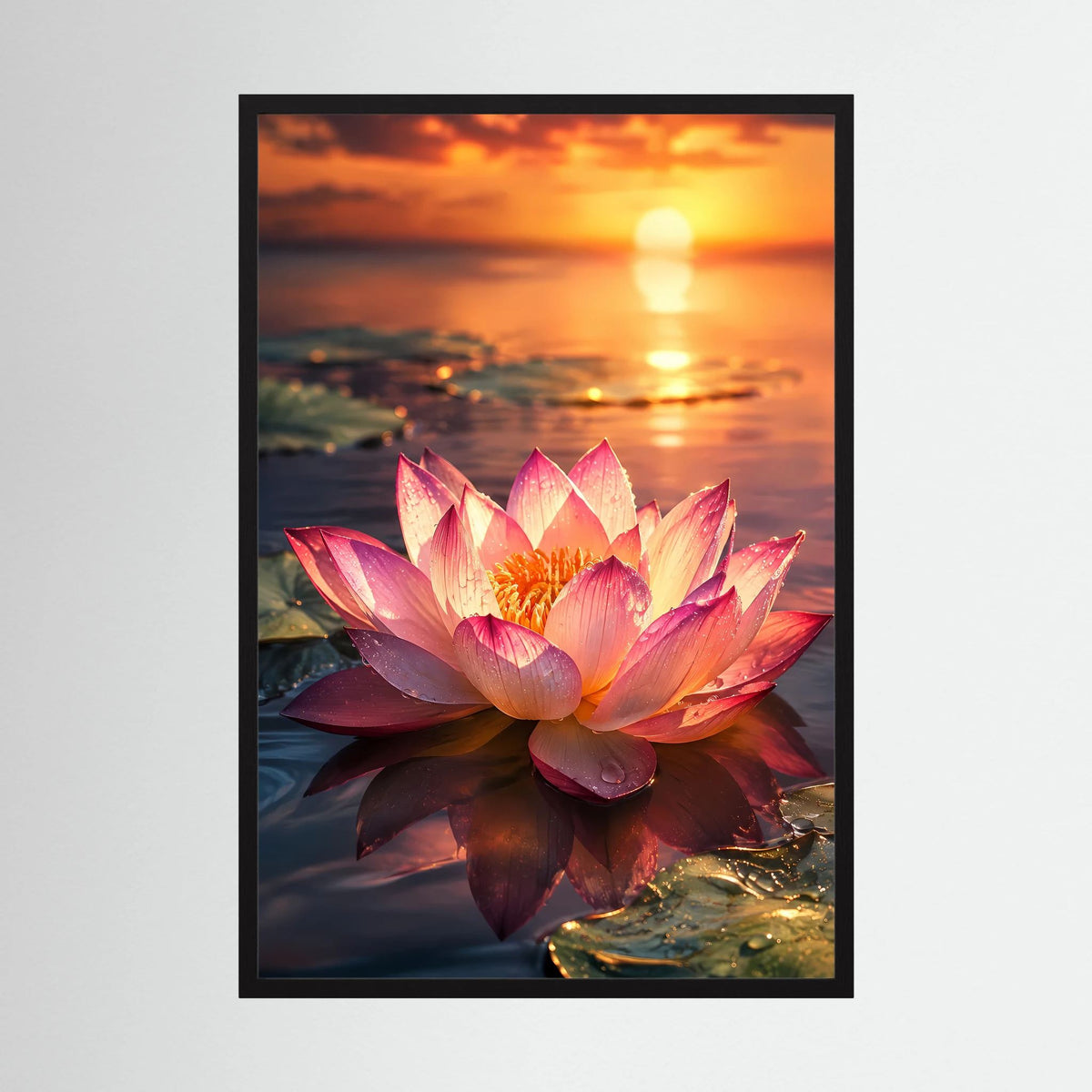 Poster im Hochformat mit pinker Lotusblüte im Sonnenuntergang, schwarzer Rahmen