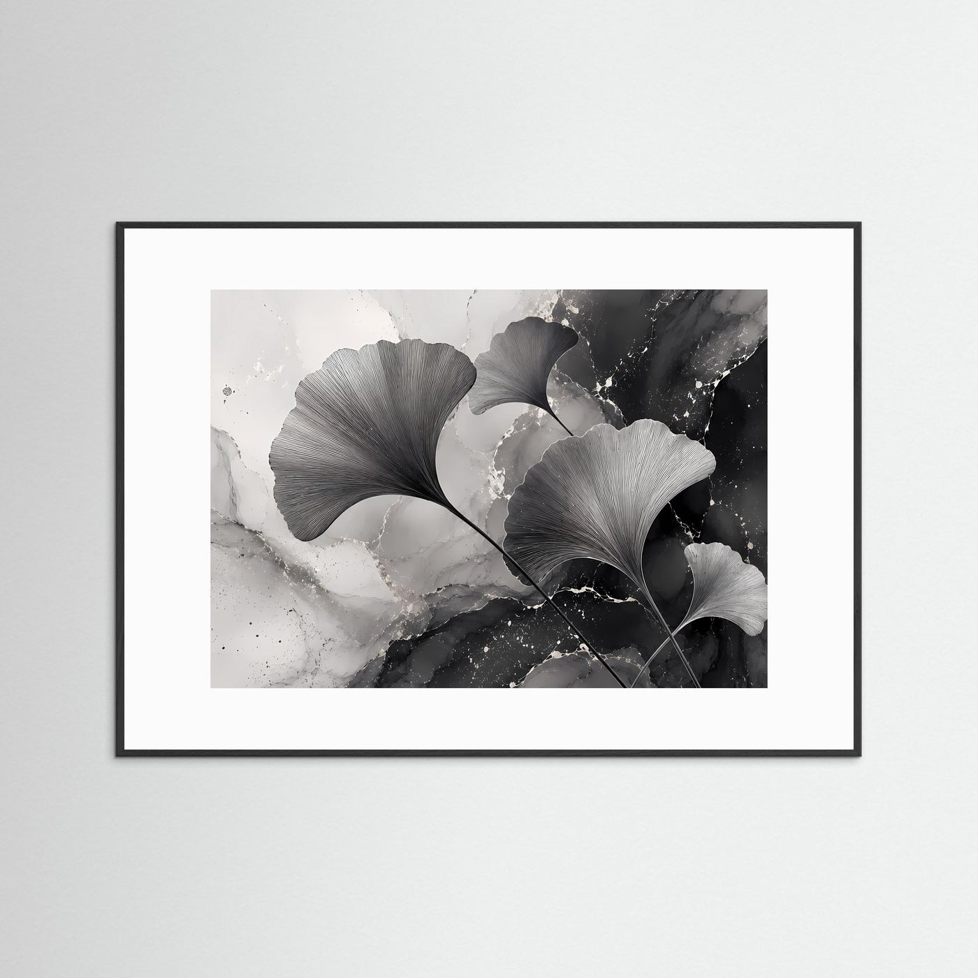 Ginkgo-Blätter Schwarz-Weiß | Modernes Botanisches Wandbild im minimalistischen Stil