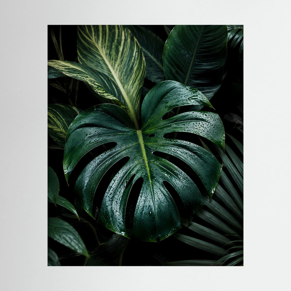 Poster mit Monstera-Blättern in Dunkelgrün, mit Regentropfen, Hochformat