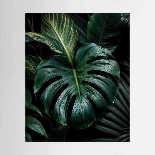 Poster mit Monstera-Blättern in Dunkelgrün, mit Regentropfen, Hochformat