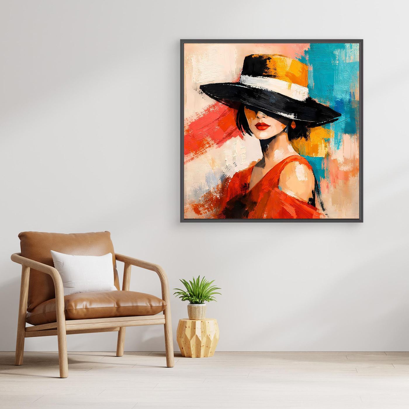 Abstract portrait wall art with black frame: woman in a black hat and red dress