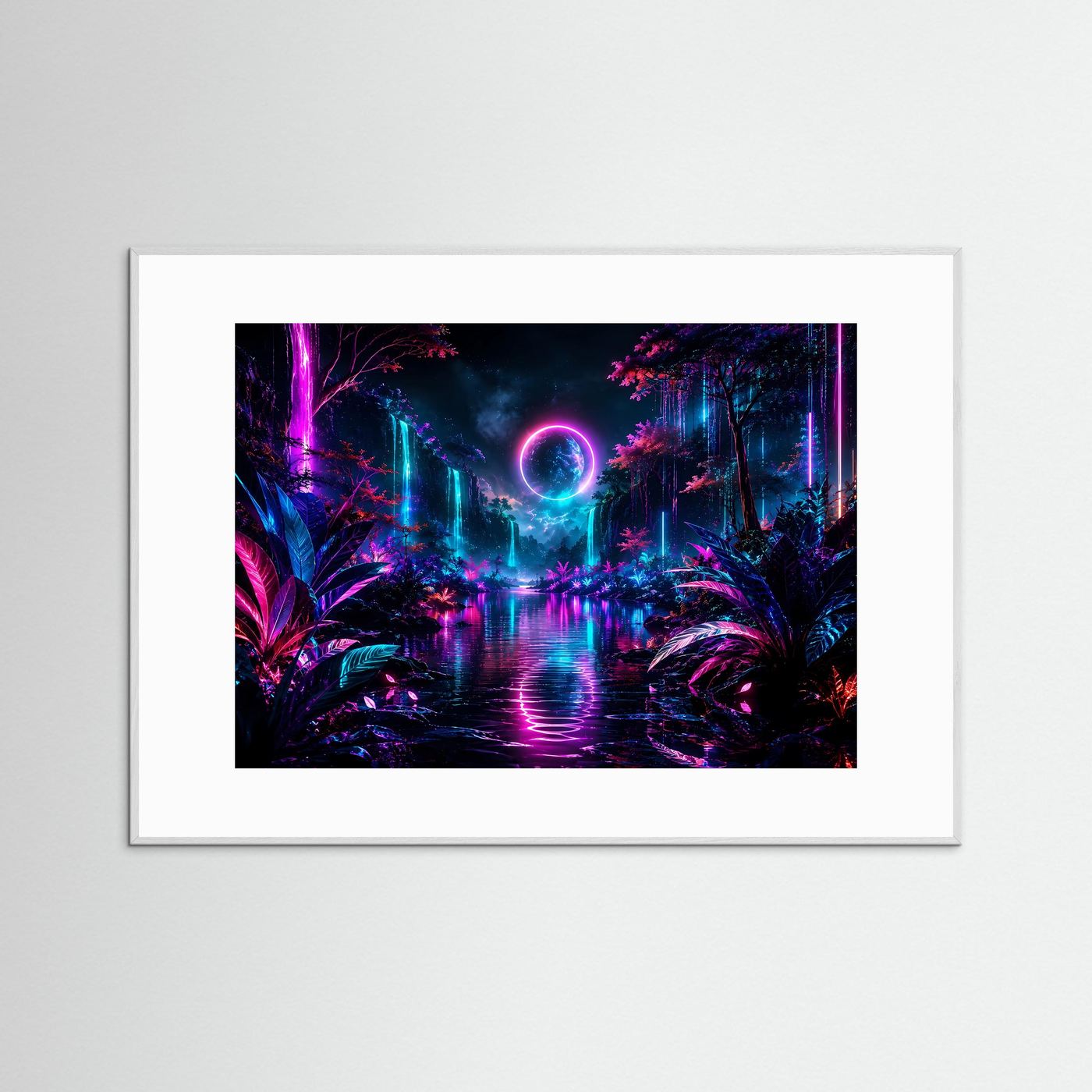 Neon Fantasy Landschaft Poster | Leuchtender Wasserfall Wandkunst | Futuristische Natur | Cyberpunk Landschaft in Pink & Blau