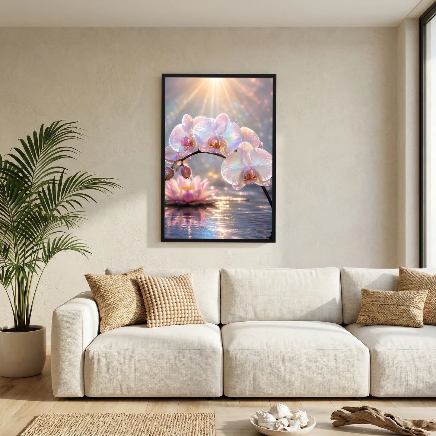 Blumenposter mit Orchideenblüten und Lotusblüte, schwarzer Rahmen an heller Wand