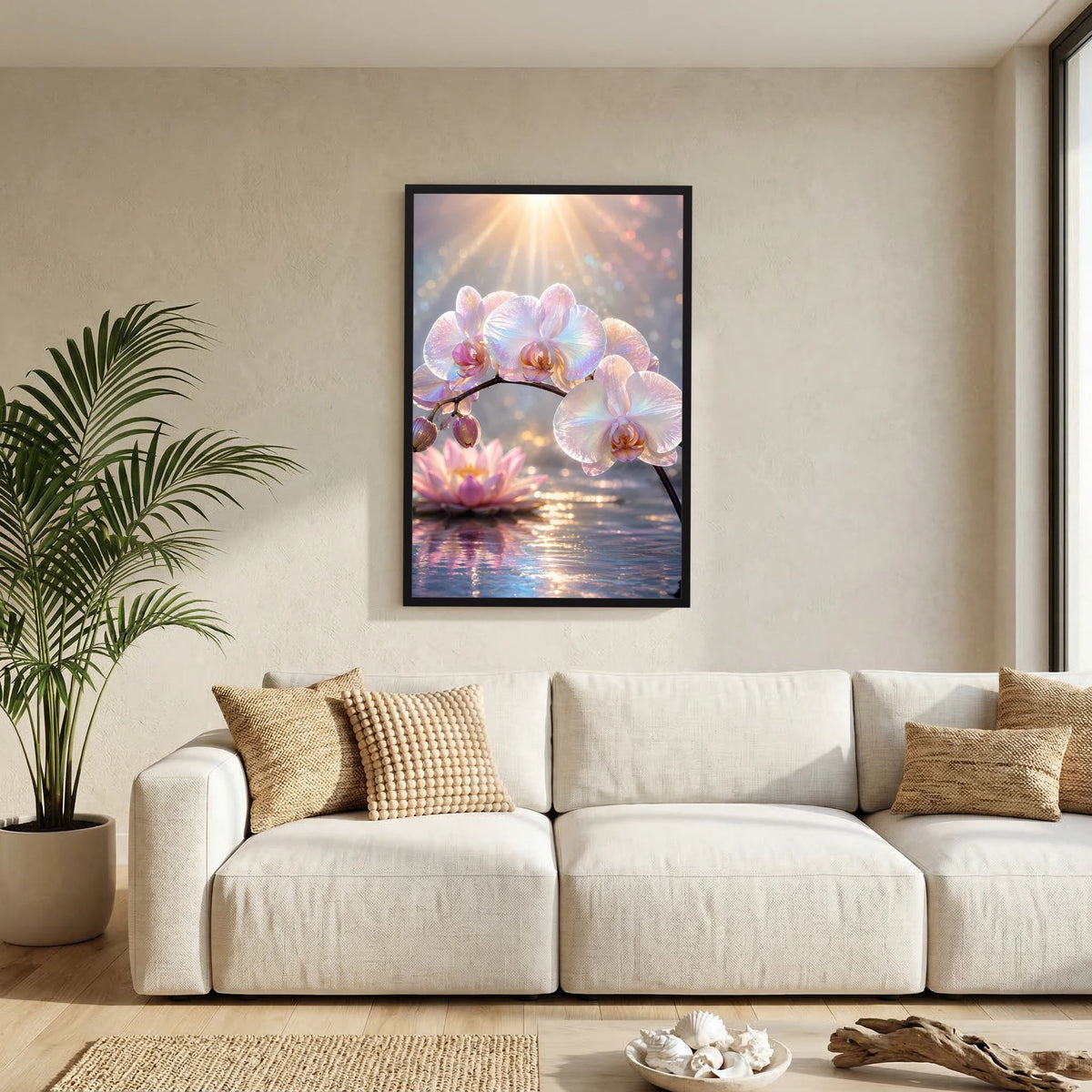 Blumenposter mit Orchideenblüten und Lotusblüte, schwarzer Rahmen an heller Wand