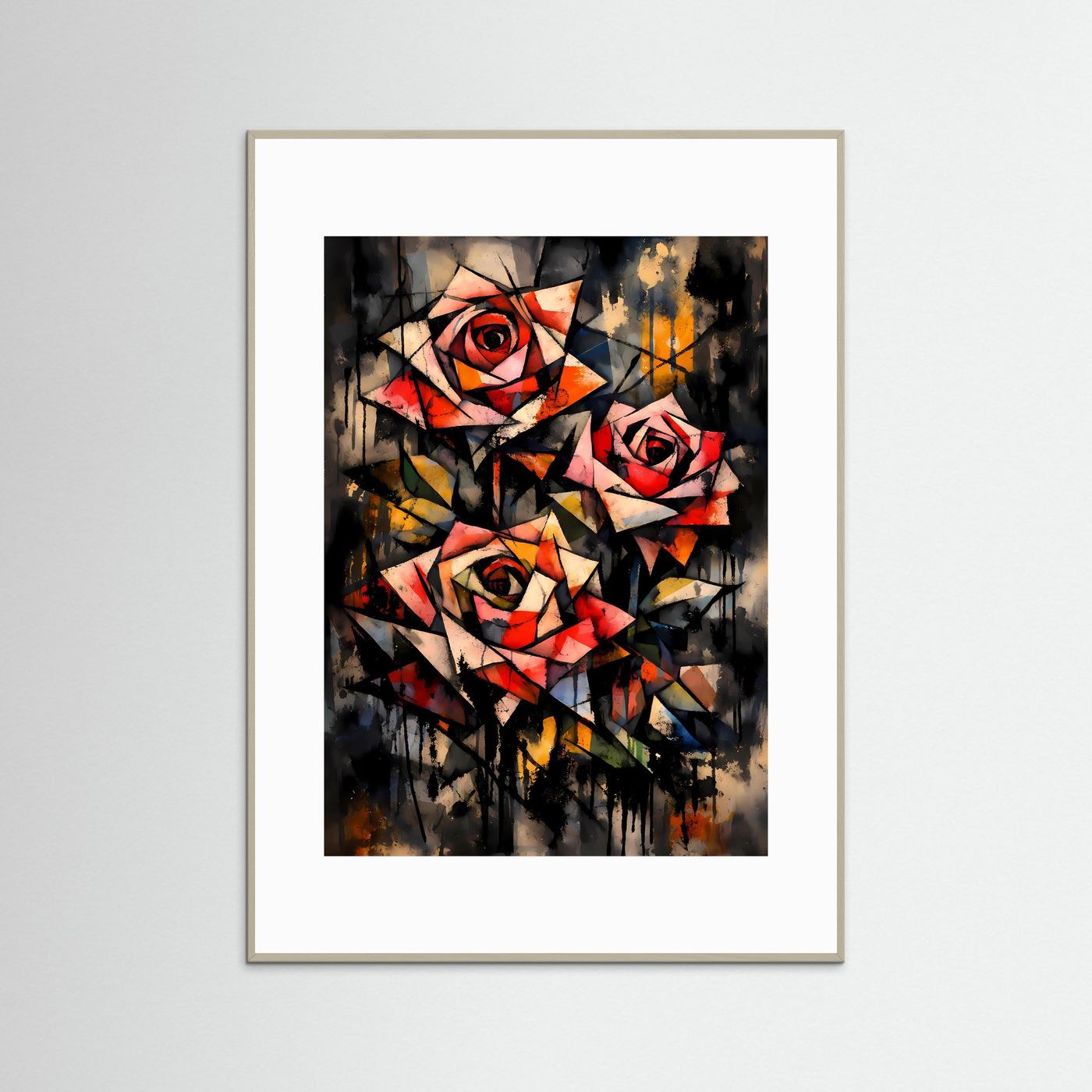 Geometrie der Liebe | Modernes Rosen Kunst Poster bunt | Abstraktes Kubismus Wandbild Hochformat