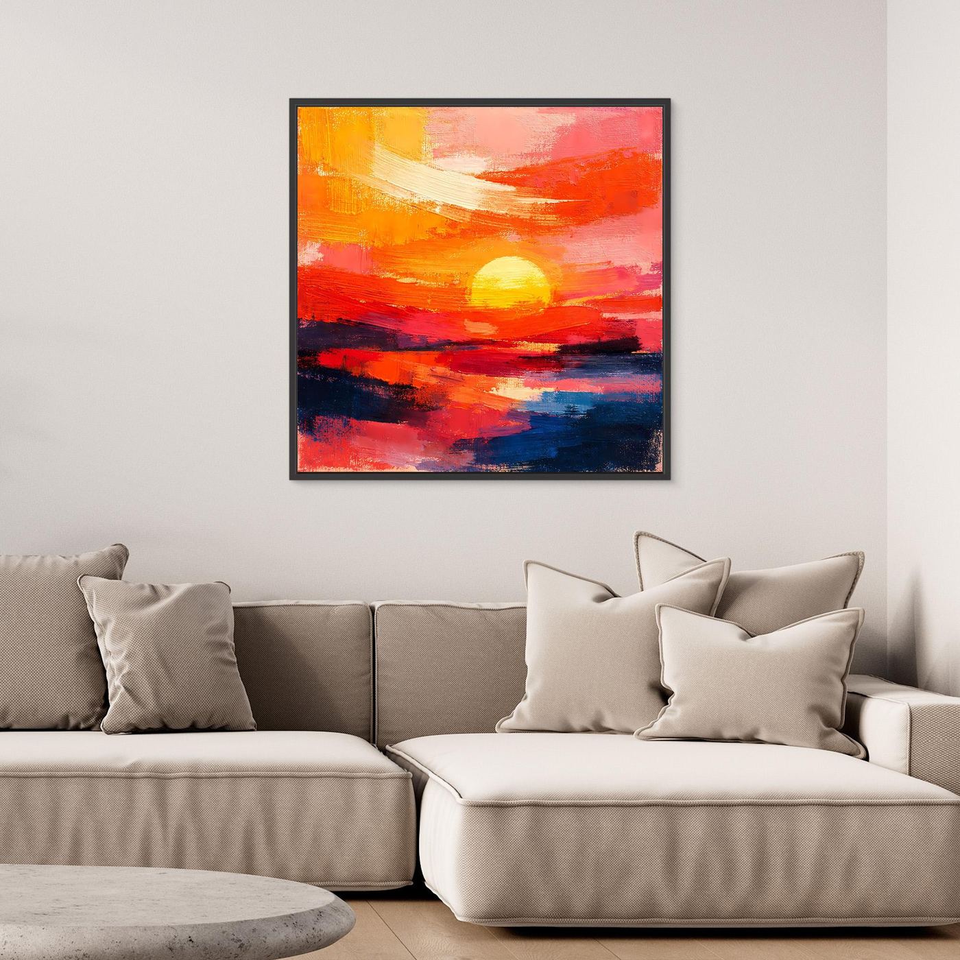 Abstract sunset seascape wall art with glowing yellow sun, orange sky, and dark blue horizon