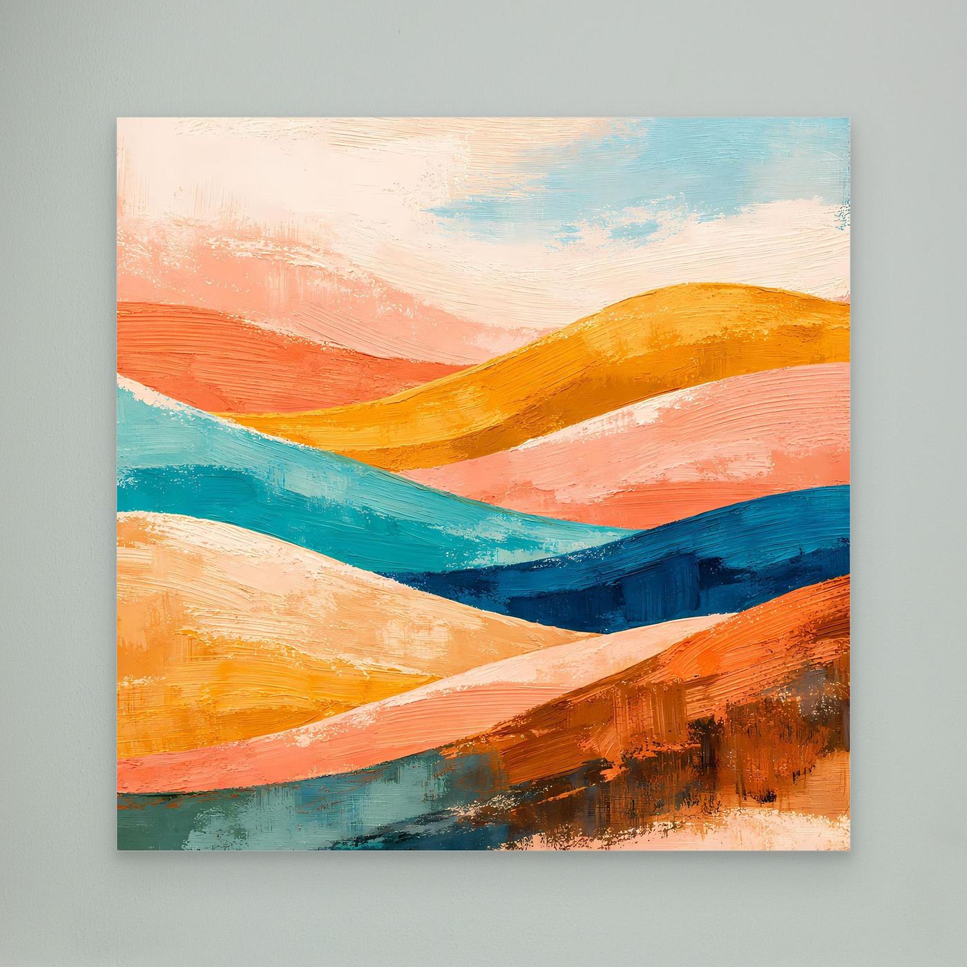 Abstract landscape wall art with orange, teal, and blue rolling waves, unframed