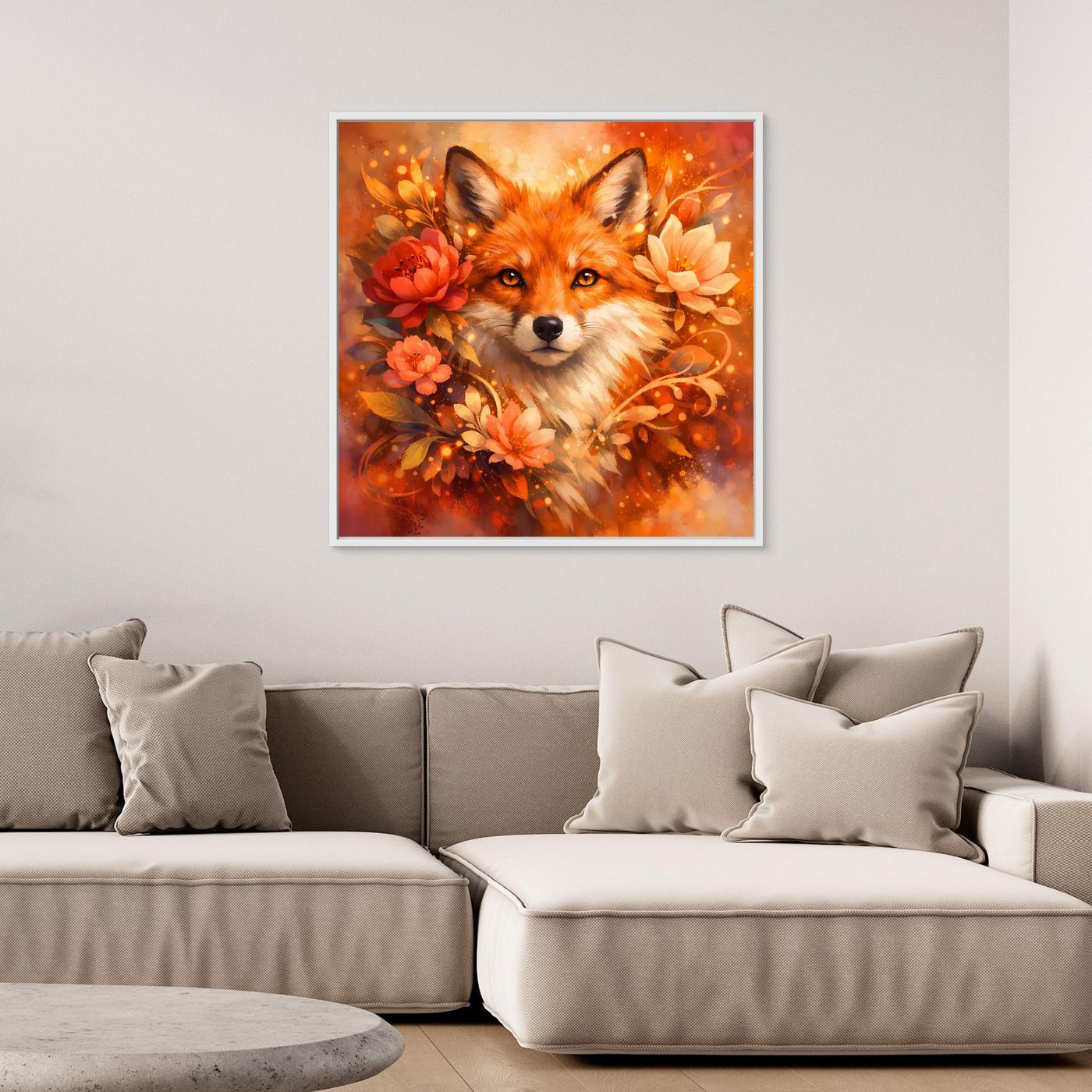 Leinwandbild mit Fuchs im Blumenkranz, orangefarbenes Motiv, helles Holzrahmen-Design