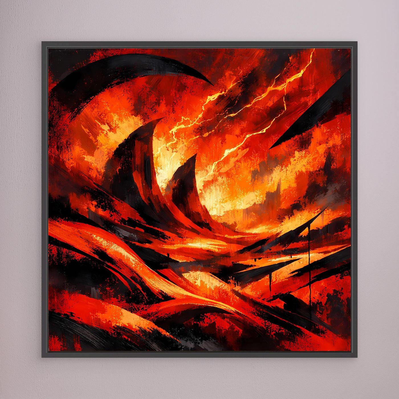 Wandbild auf Leinwand mit abstrakter Lava und Blitzen, dunkel gerahmt