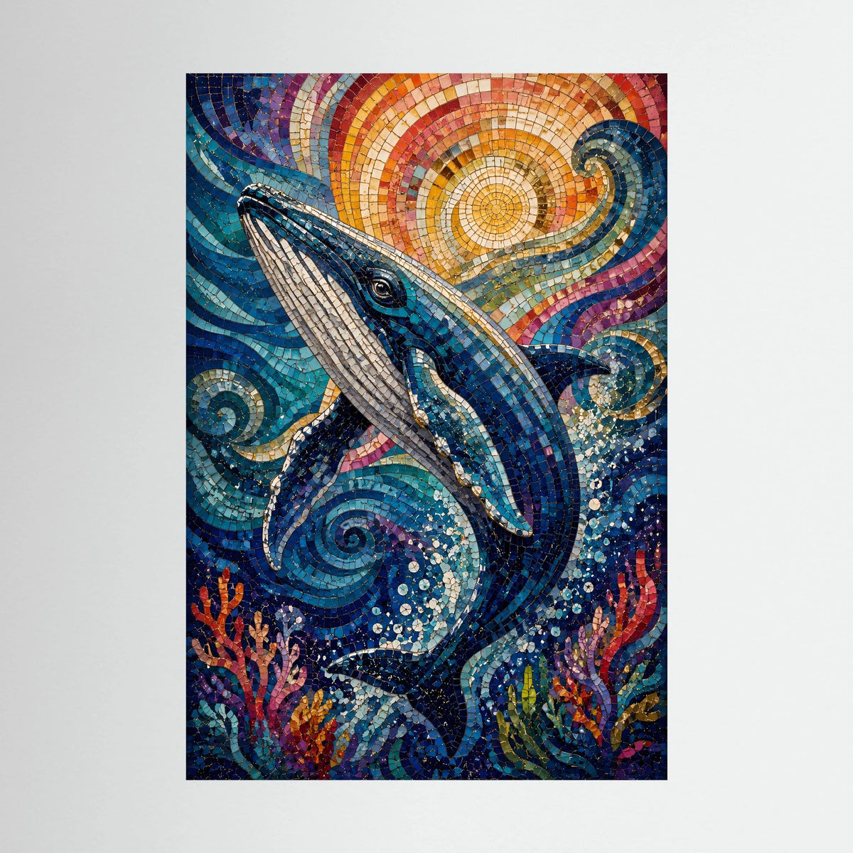 Hochformat-Poster mit Mosaik-Delfin in blauen Wellen und farbigem Sonnenkreis
