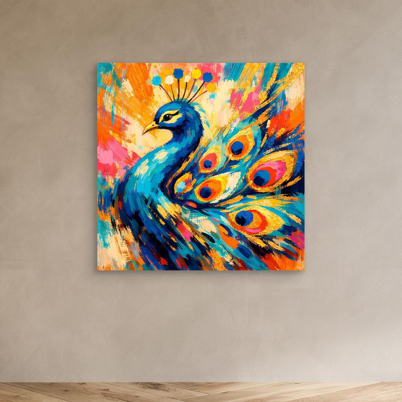 Leinwandbild mit abstraktem Pfau, blaugrüner Vogel und farbige Federn, im Holzrahmen