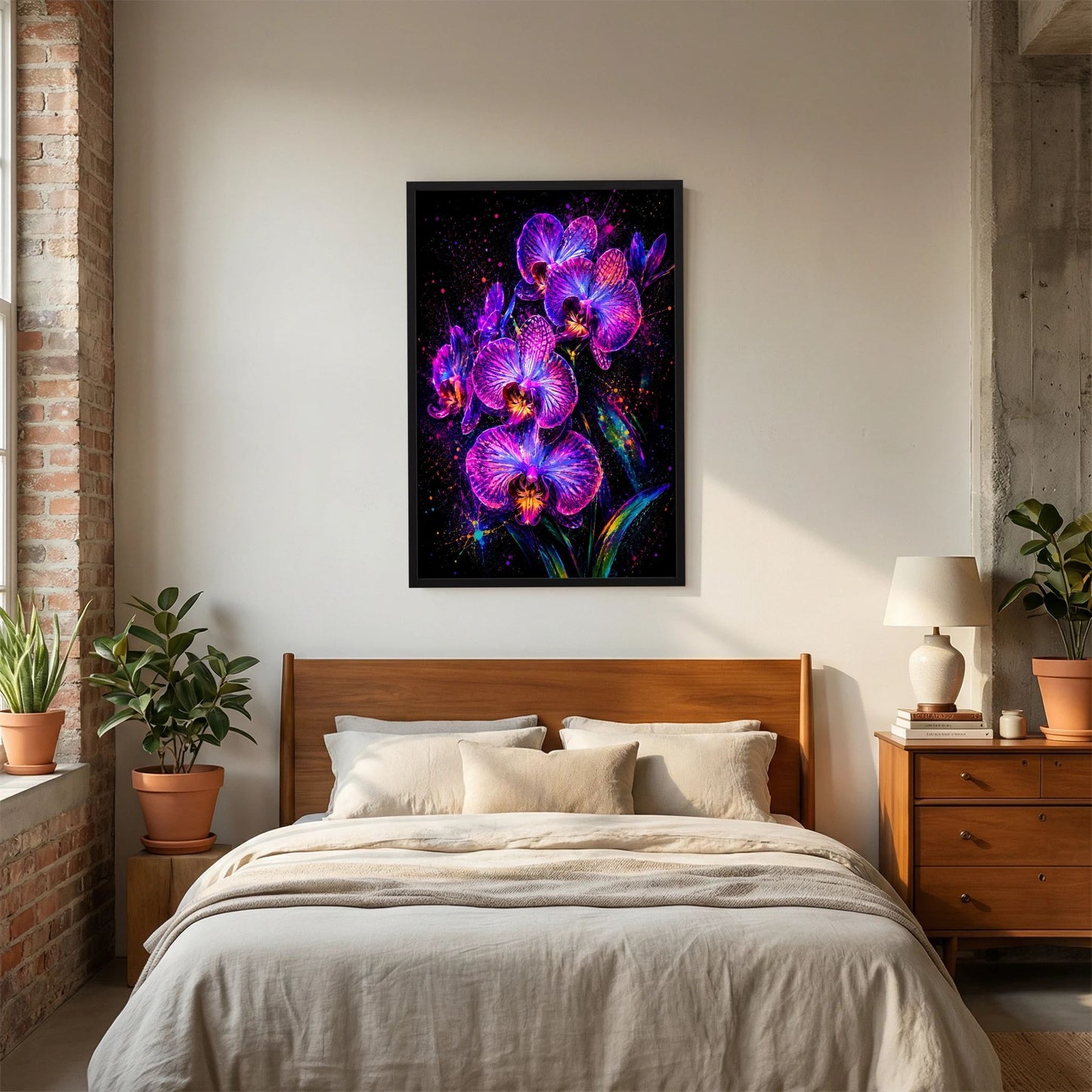 Hochformatiges Blumenposter mit leuchtenden Orchideenblüten in Neon-Pink und Violett, schwarzer Rahmen