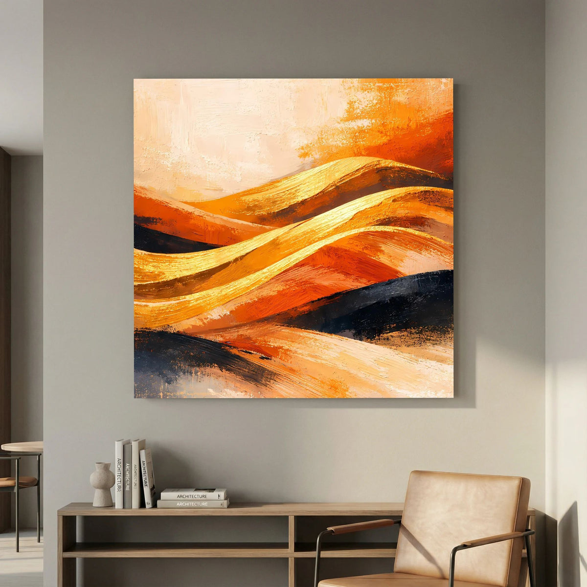Abstraktes Wandbild mit orange-goldenen Dünenstreifen, strukturiert und mit dunklen Schatten