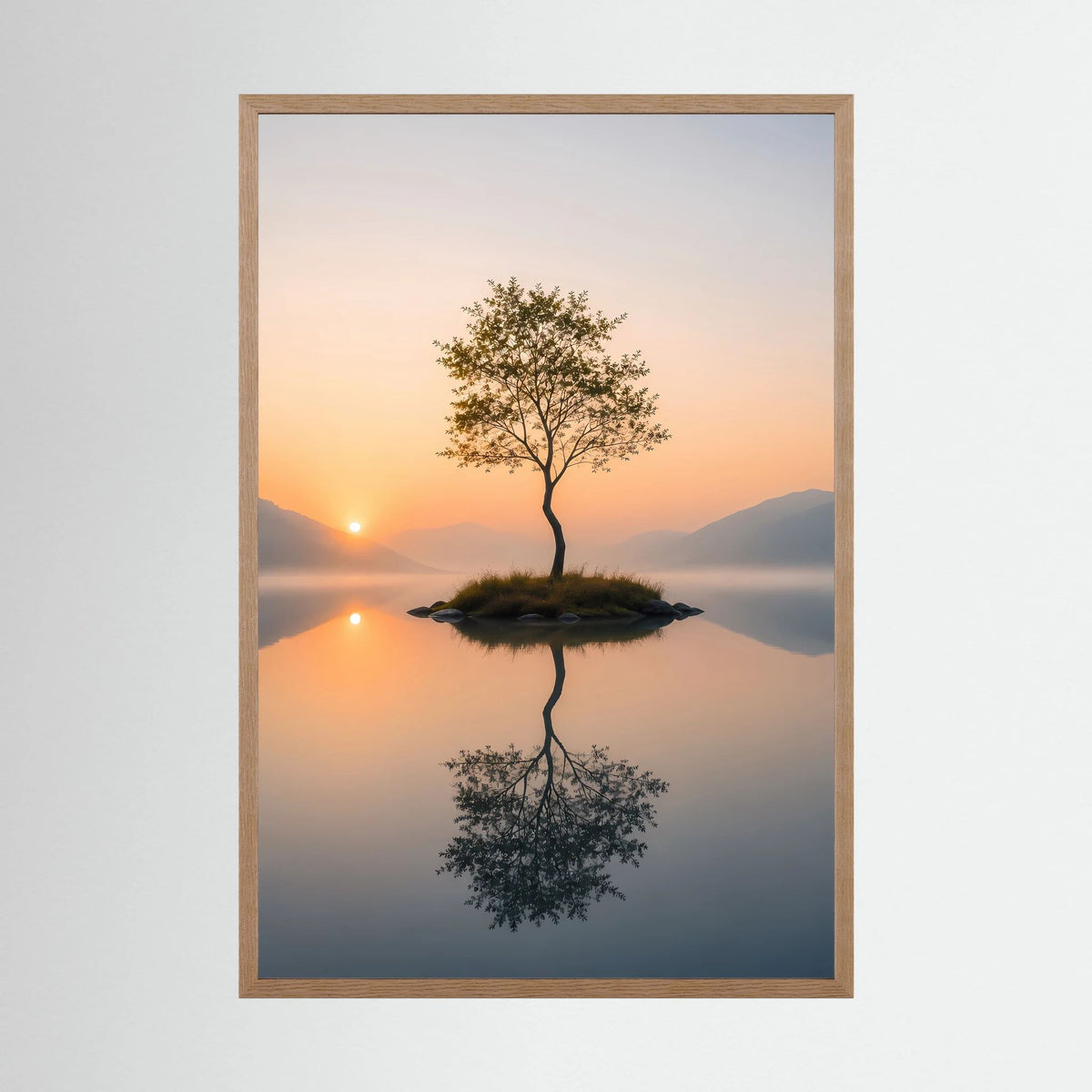 Poster im Hochformat mit Holzrahmen: Baum auf Insel, Spiegelung im See