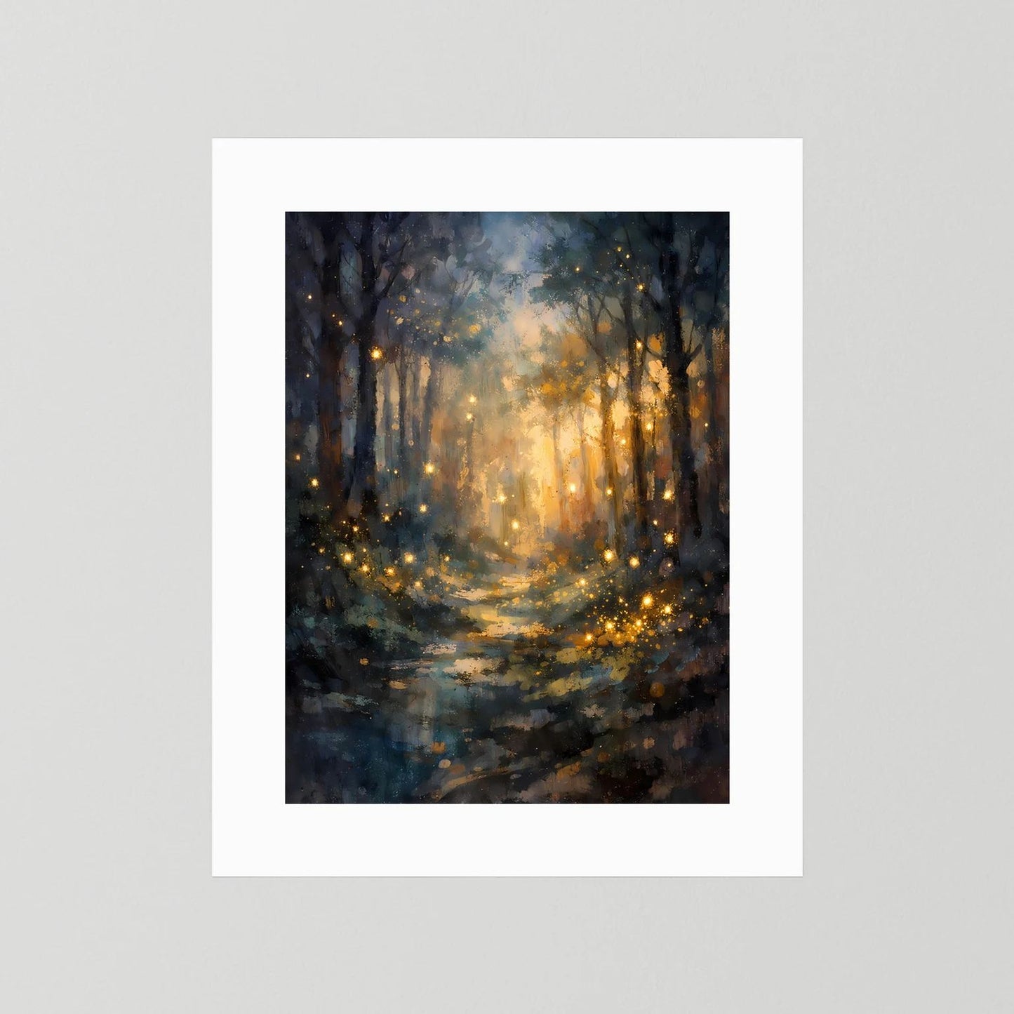 Wandbild im Hochformat mit Waldweg, goldenen Lichtpunkten und hellem Leuchten, weißer Rand