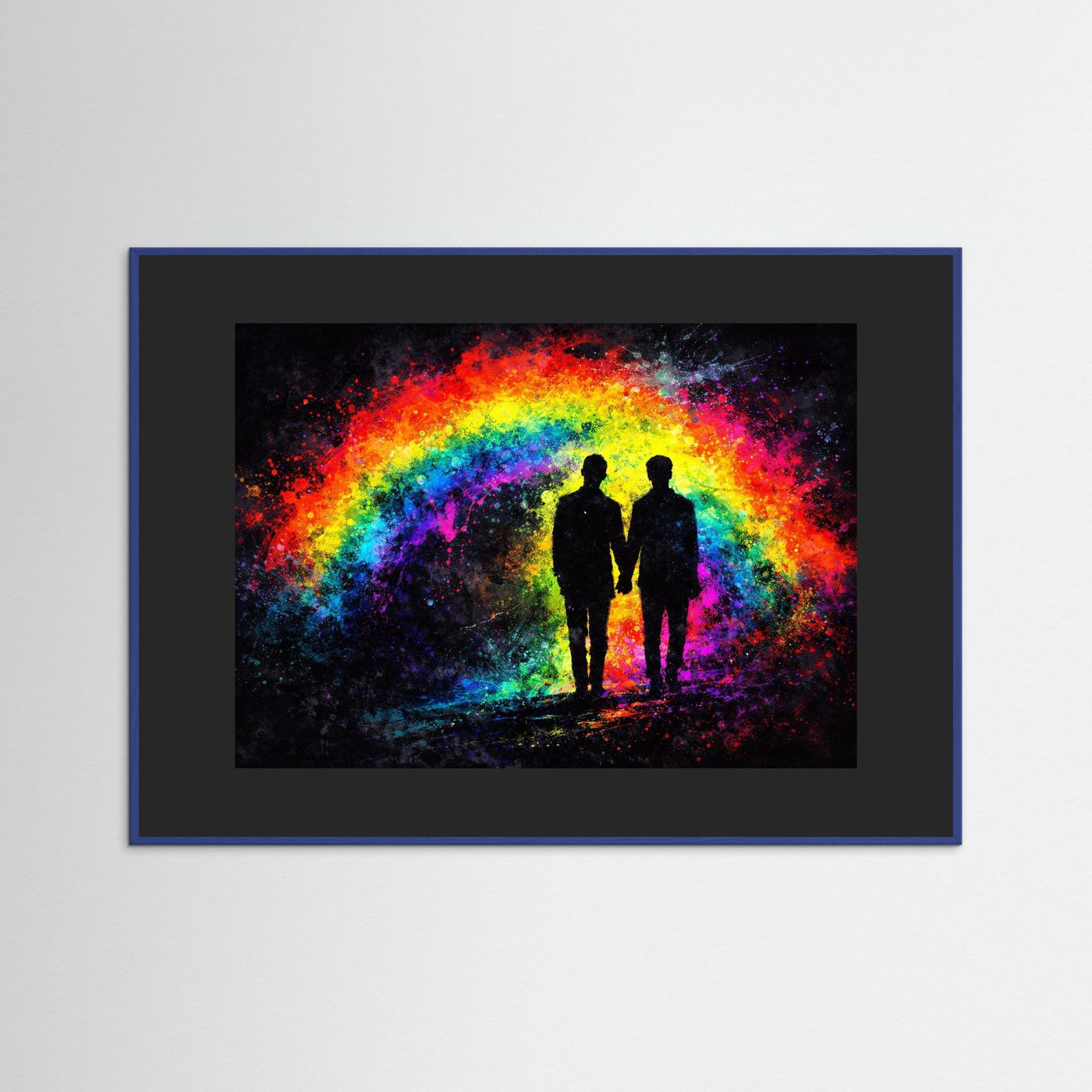 Gerahmtes Wandbild: zwei Silhouetten im Regenbogenlicht, blauer Rahmen