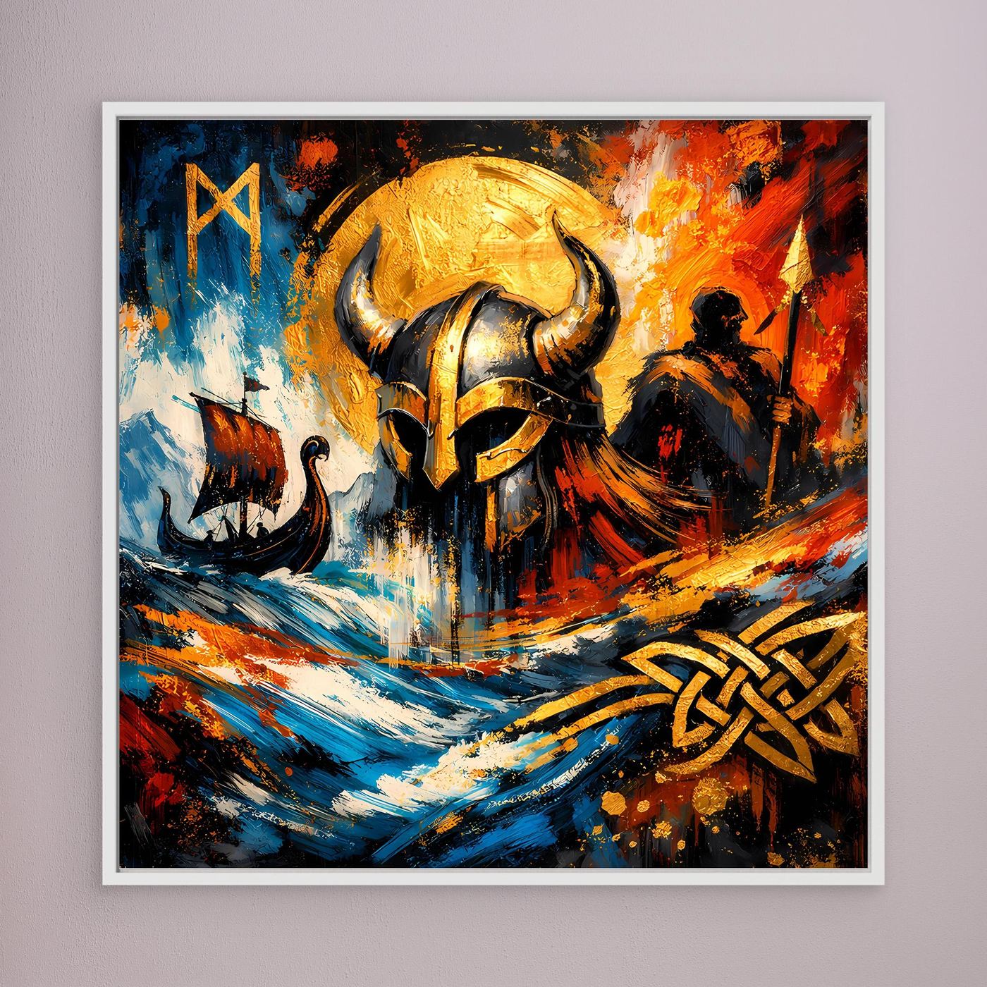 Leinwandbild mit Wikingerhelm-Motiv und Wellen-Elementen, weiß gerahmt