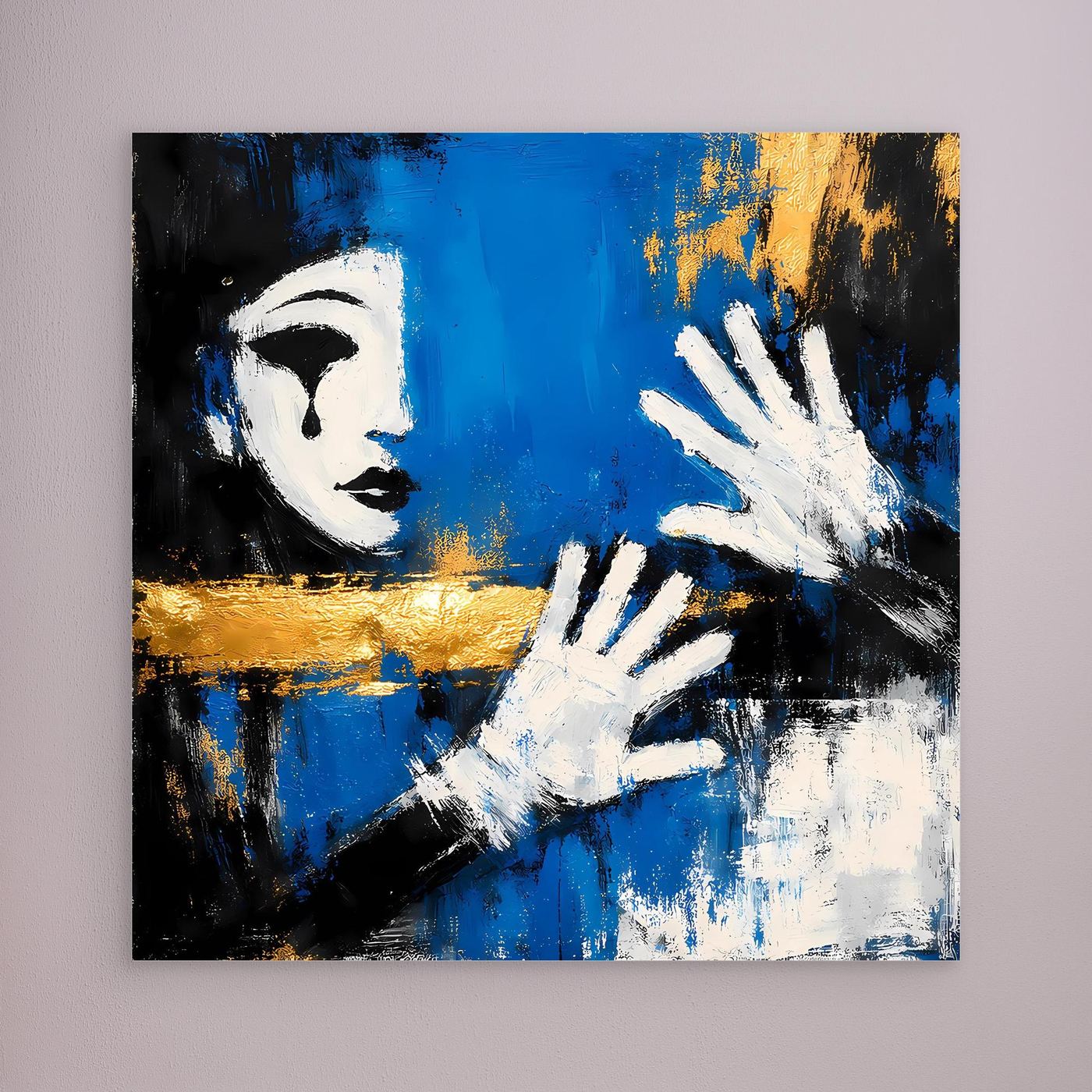 Leinwand Melancholischer Mime in Blau | Abstraktes Pierrot Wandbild Gold
