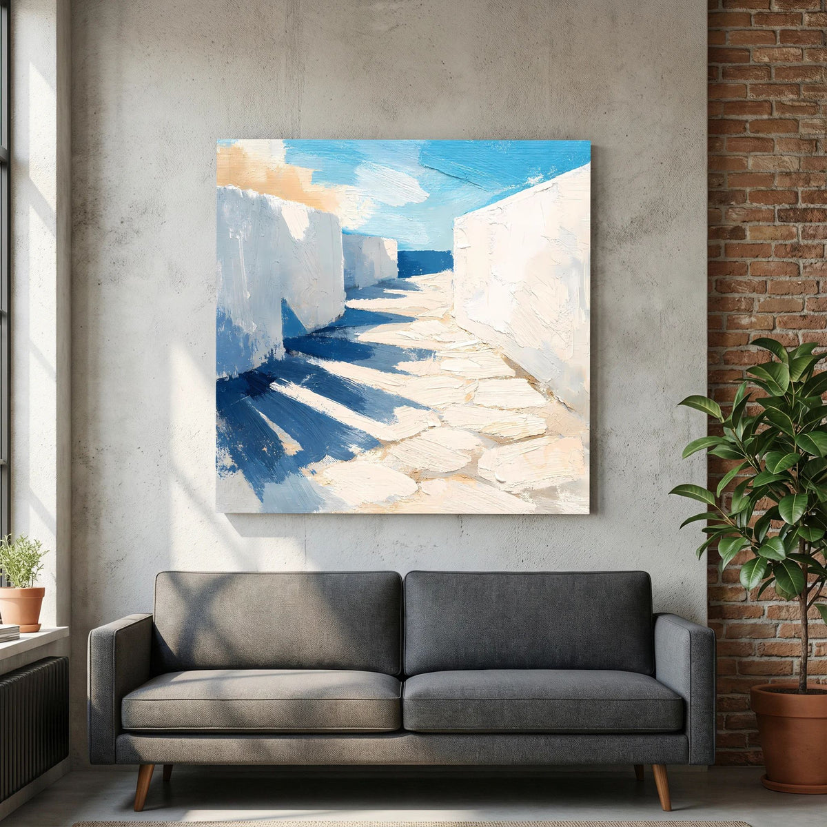Abstraktes Wandbild mit Küstengasse, weißen Mauern, blauem Himmel und strukturiertem Steinweg