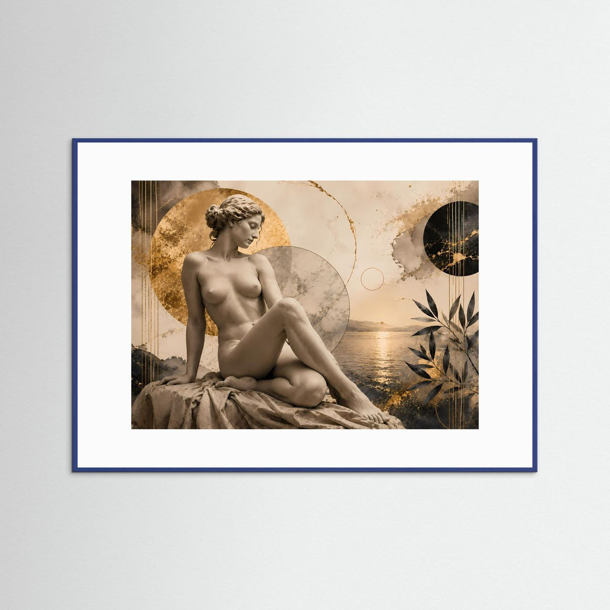 Poster mit sitzender nackter Frauenstatue im antiken Stil, sepiafarben, mit blauem Rahmen