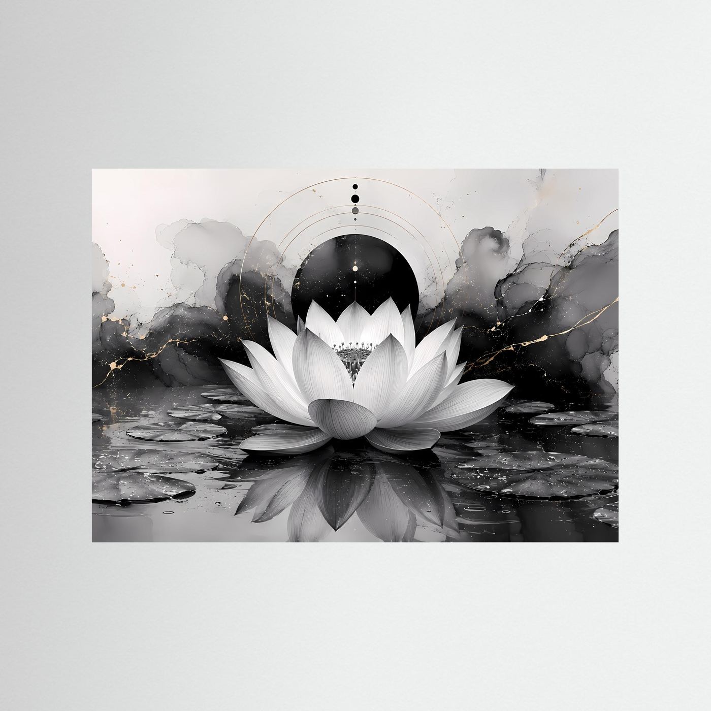 Weiße Lotusblüte in Schwarz & Gold | Elegante Zen Kunst