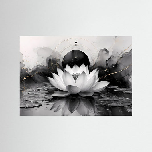 Kunstdruck Lotusblüte in Weiß mit schwarzer Kugel, ohne Rahmen, Zen-Design