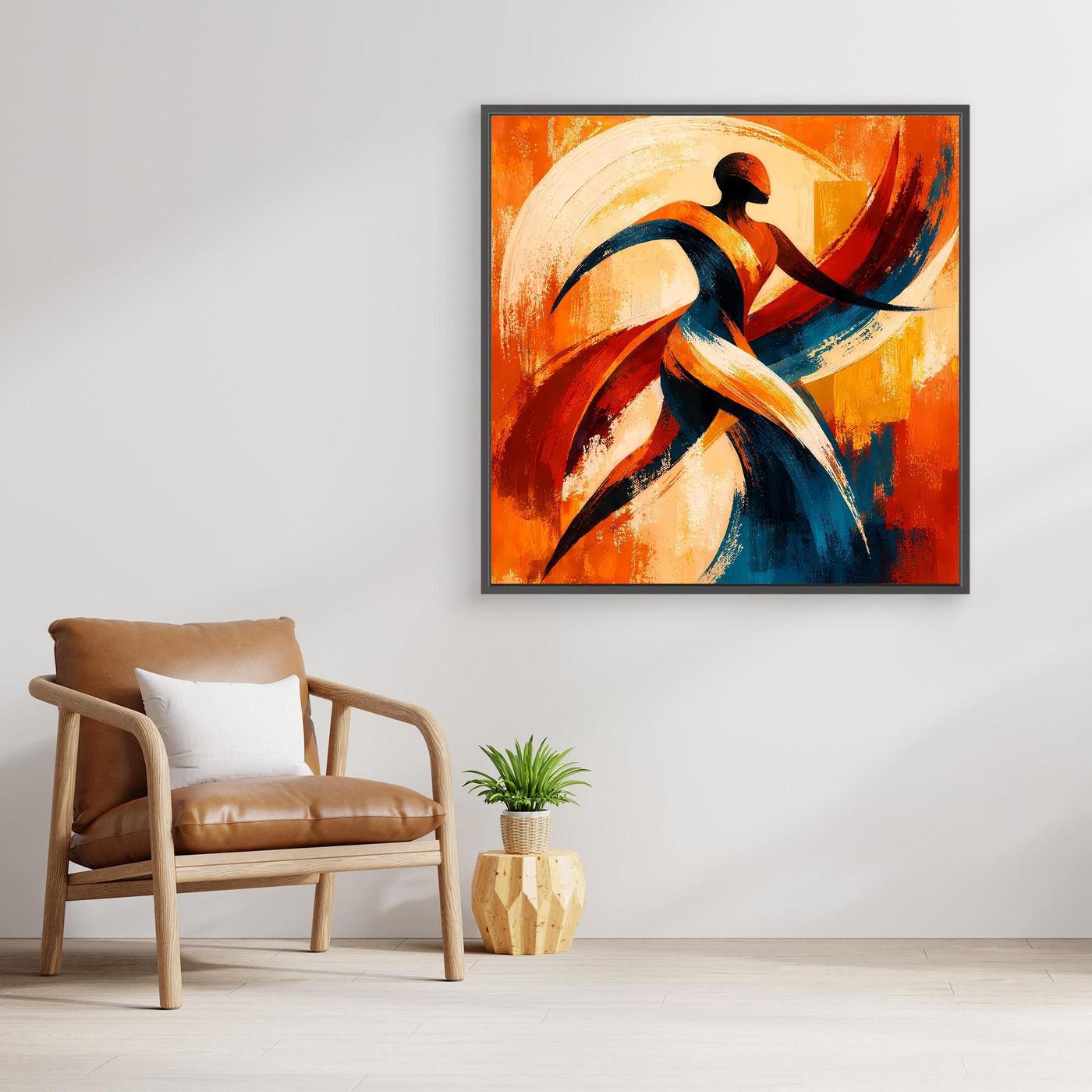 Leinwandbild mit abstrakter Tänzer-Silhouette in Orange, Blau und Rot, dunkelbraun gerahmt.