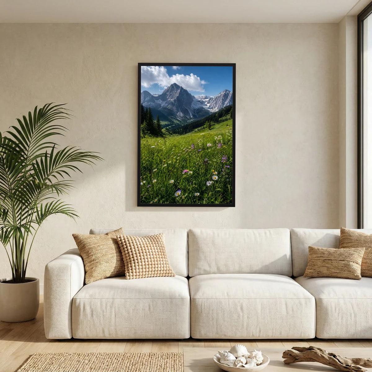 Wandbild mit alpiner Berglandschaft und Wildblumen, schwarzer Rahmen, Hochformat
