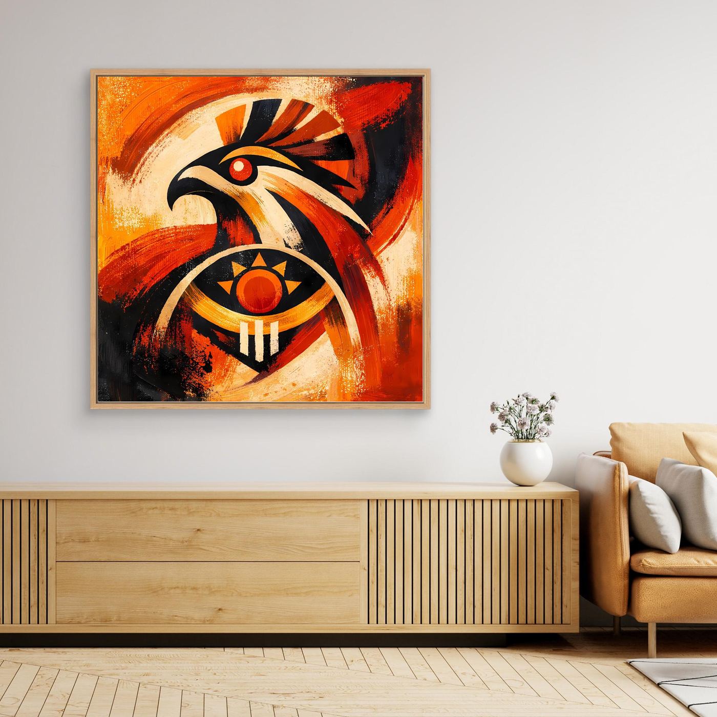 Leinwand-Wandbild mit Falke im Stammesstil und Sonnensymbol, Eichenrahmen