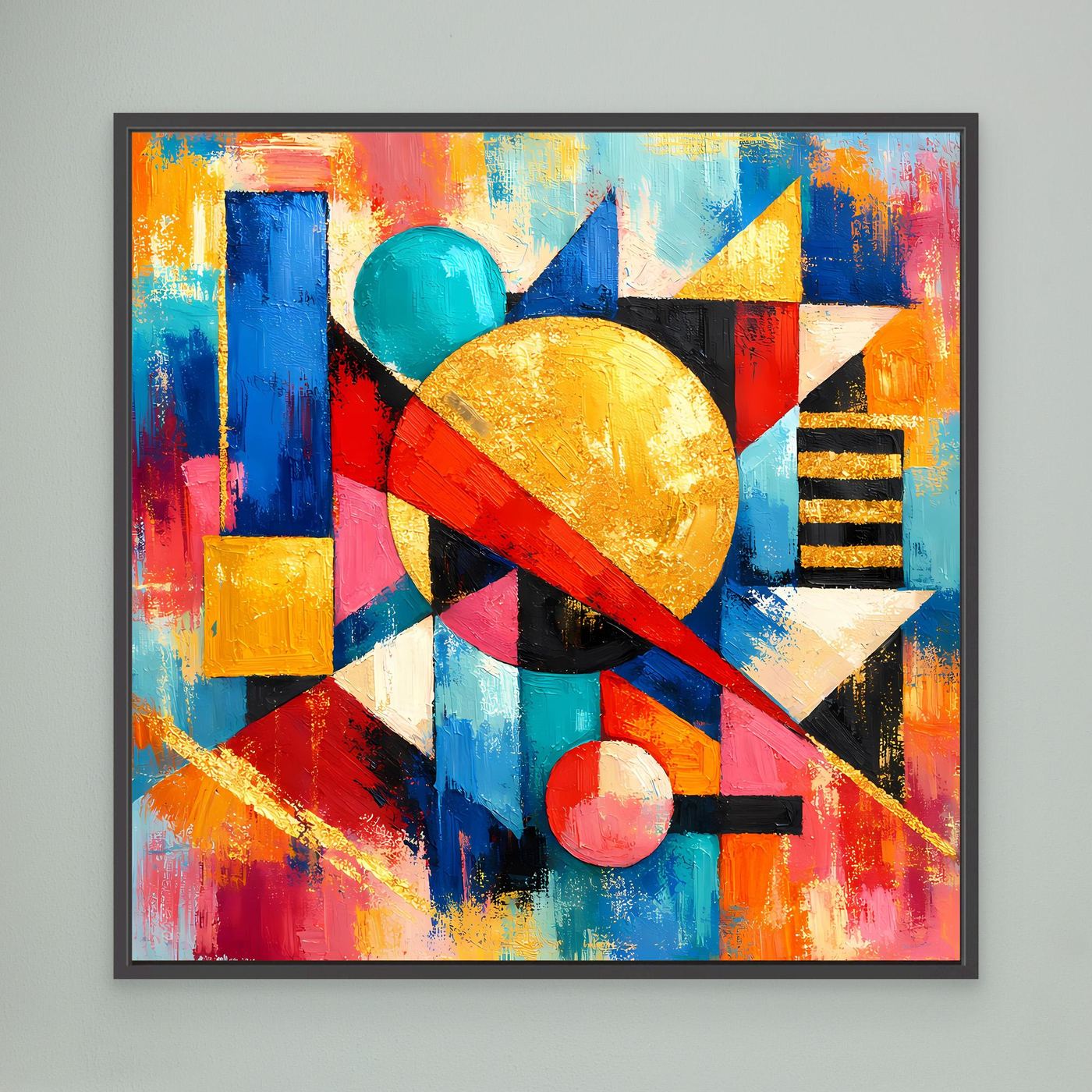 Gerahmtes Leinwandbild mit geometrischen Formen in Blau, Rot und Gelb, Goldakzent.