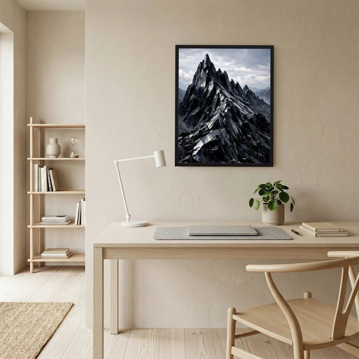 Wandbild mit Berglandschaft in Schwarz und Grau im rechteckigen Rahmen
