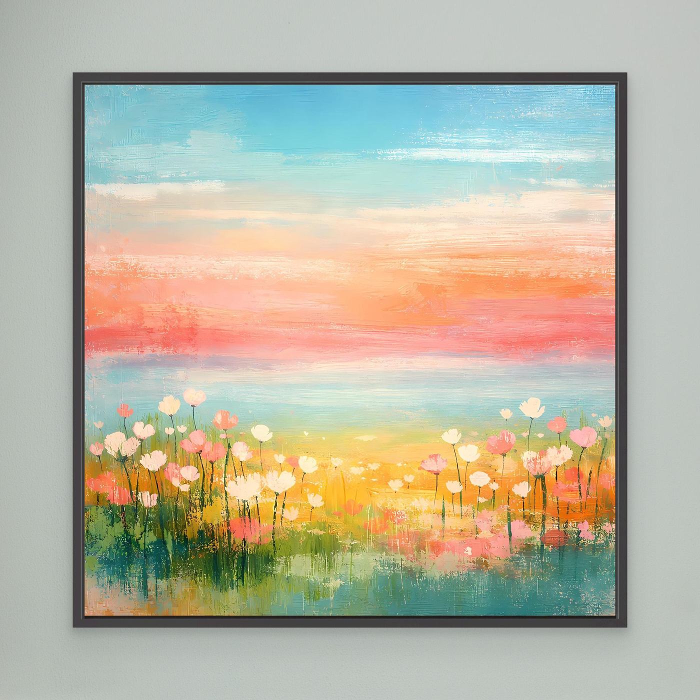 Leinwand-Wandbild: abstrakte Blumenwiese am Meer, Pastellhimmel, schwarz gerahmt