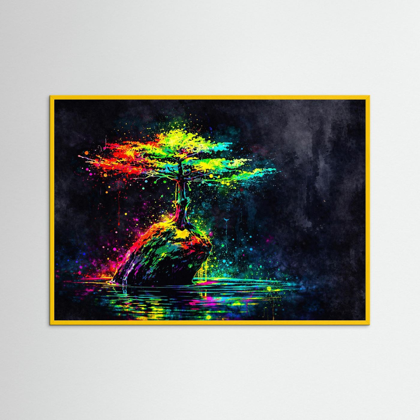 Wandbild mit abstraktem Lebensbaum-Motiv, neonfarbene Farben und Spiegelung, gelb gerahmt