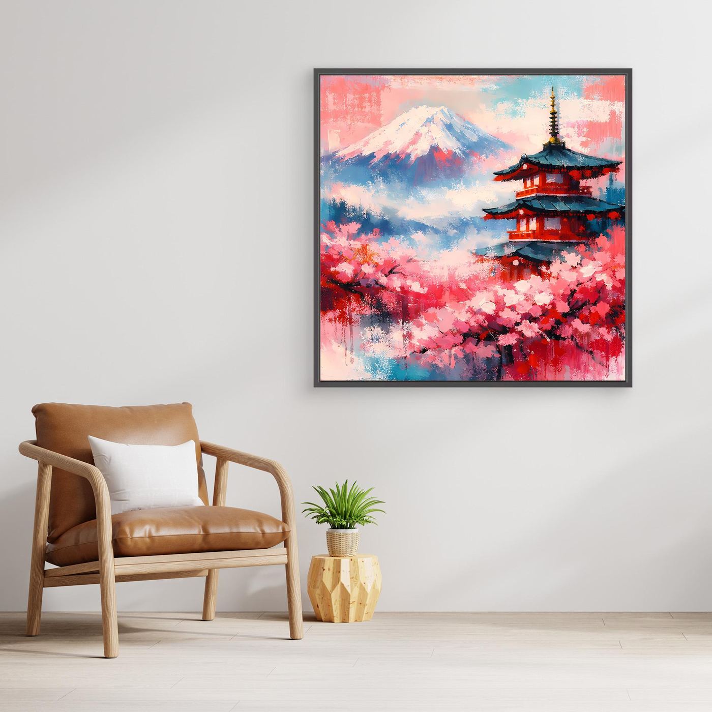 Leinwand-Wandbild mit dunklem Rahmen: Mount Fuji, Pagode und Kirschblüten, abstrakt