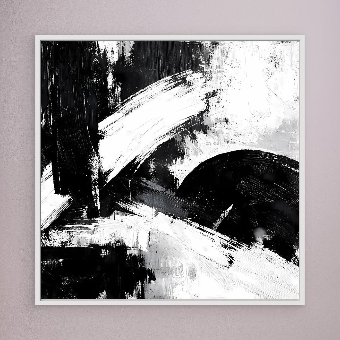 Schwarz-Weiß-Abstrakt-Wandbild mit weißem Rahmen, schwarze Bögen und helle Striche