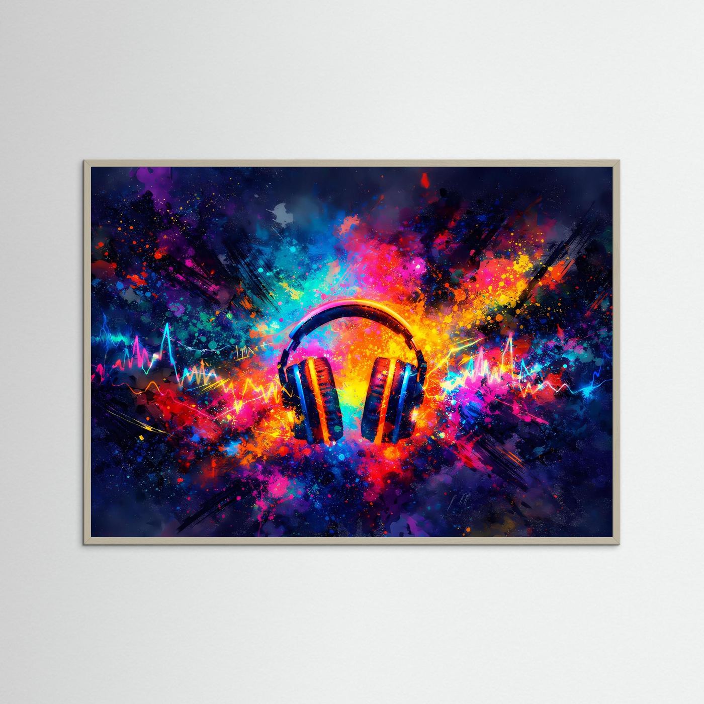 Musikposter Querformat mit bunten Kopfhörern, in silber-grauem Rahmen