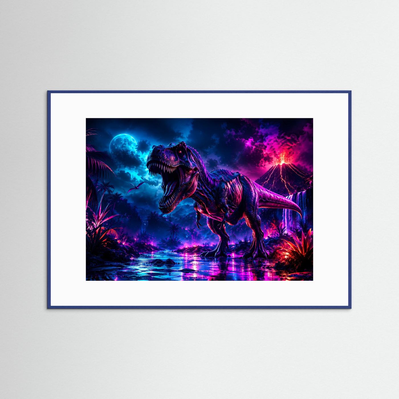 T-Rex Neon Nacht | Dinosaurier mit Vulkan & Mond