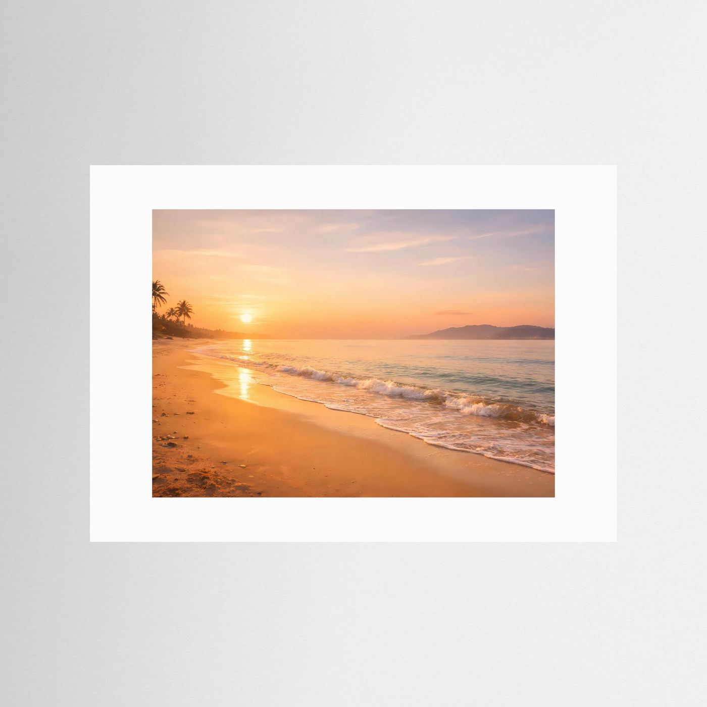 Wandbild Sonnenuntergang am Strand mit weißem Passepartout, Hochformat