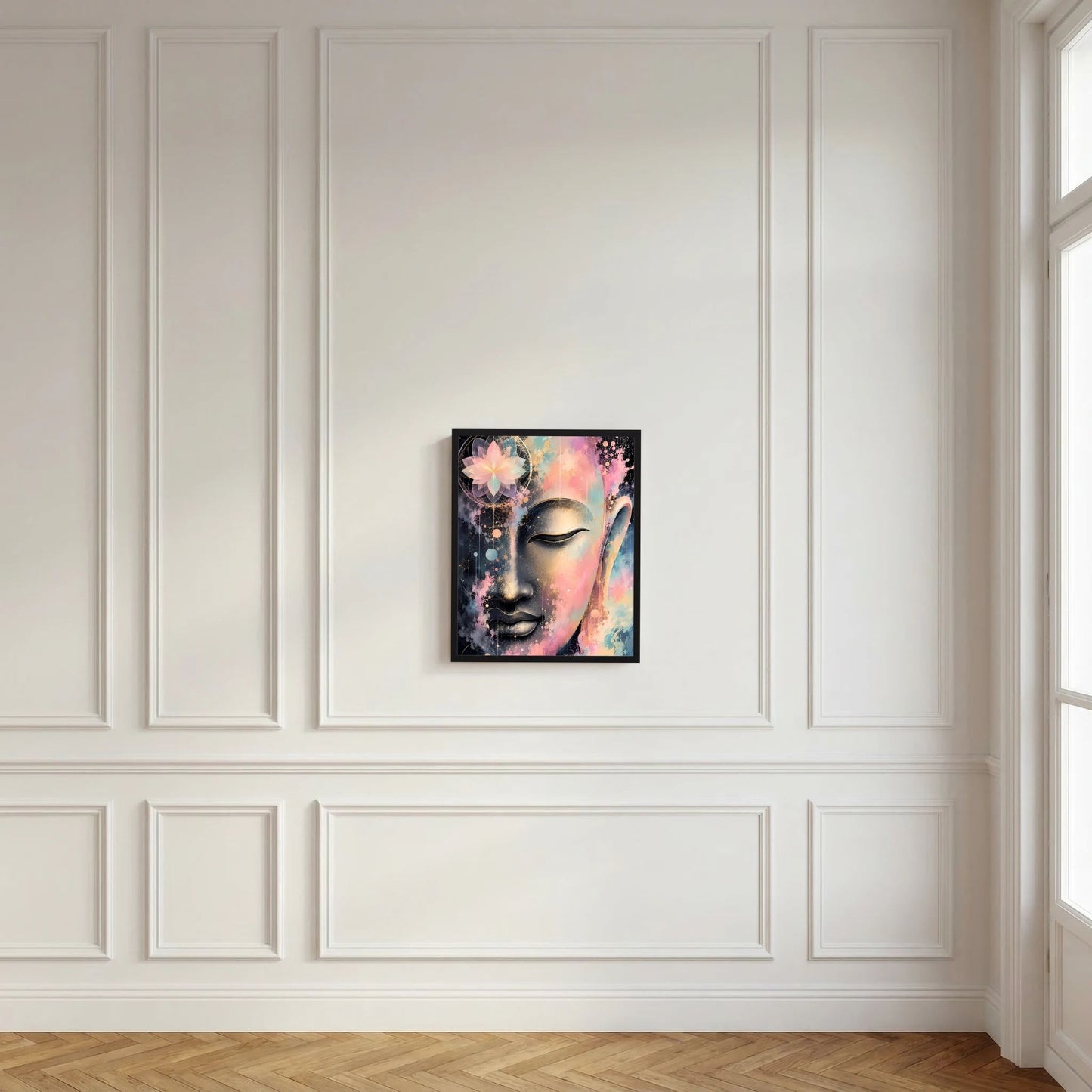 Kleines, schwarzig gerahmtes Buddha-Kunstposter im Hochformat mit Pastell-Gesicht und Goldakzenten