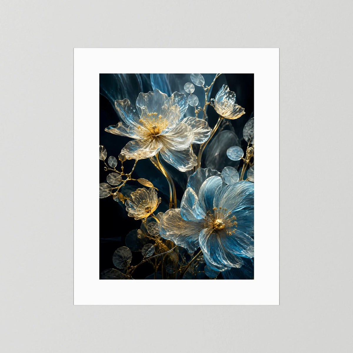 Poster mit weißem Rand und blauen und goldenen Kristallblüten auf dunklem Grund